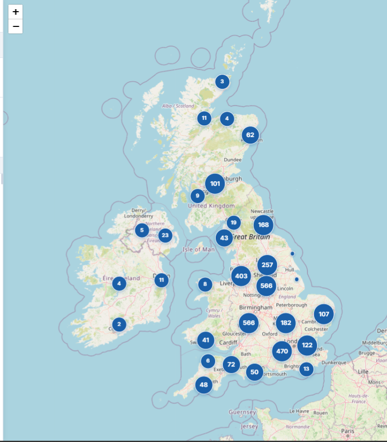NucCol UK Supplier Map — 3,500+ suppliers across 12 regions